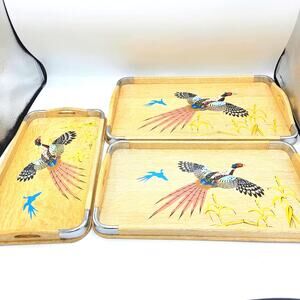 Set of 3 Vintage Japan Hand Painted Pheasants Wooden Nesting Serving Trays